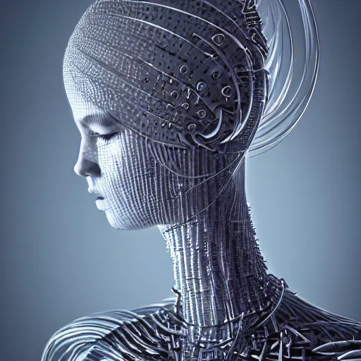 Image similar to closeup portrait of an absurdly beautiful, graceful, sophisticated, fashionable cyberpunk mechanoid gravure idol, an ultrafine hyperdetailed illustration by irakli nadar, matt wisniewski style, intricate linework, porcelain skin, iridescent jellyfish headdress, fractal ivory carved ruff, unreal engine 5 highly rendered, global illumination, radiant light, detailed and intricate environment