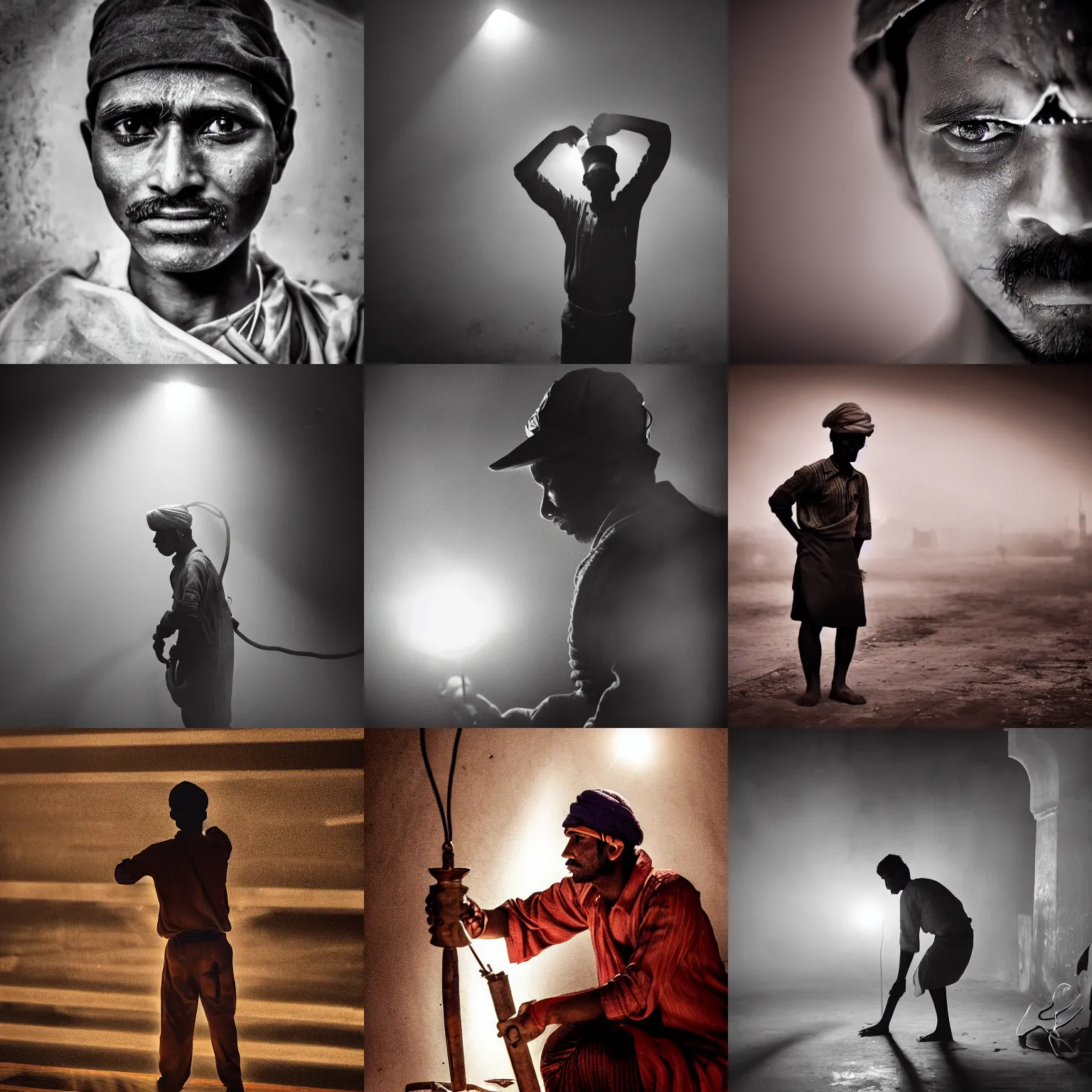 Prompt: a dramatic photograph of worker from india, cinematic lighting