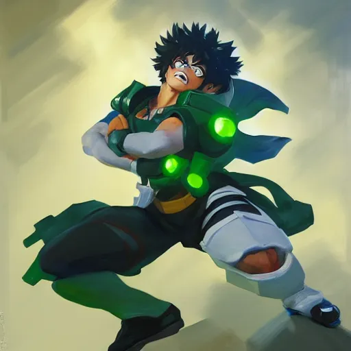 Image similar to greg manchess portrait painting of izuku midoriya as overwatch character, medium shot, asymmetrical, profile picture, organic painting, sunny day, matte painting, bold shapes, hard edges, street art, trending on artstation, by huang guangjian and gil elvgren and sachin teng