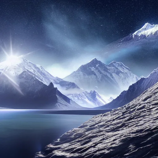 Image similar to a matte painting of an astronaut falling from Mt. Everest into a lake of stars, 4K