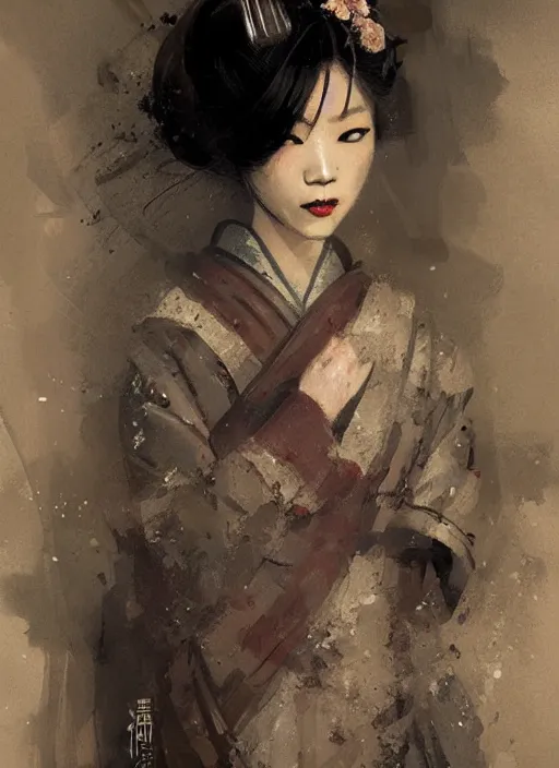 Image similar to female geisha girl, beautiful face, rule of thirds, intricate outfit, spotlight, by greg rutkowski, by jeremy mann