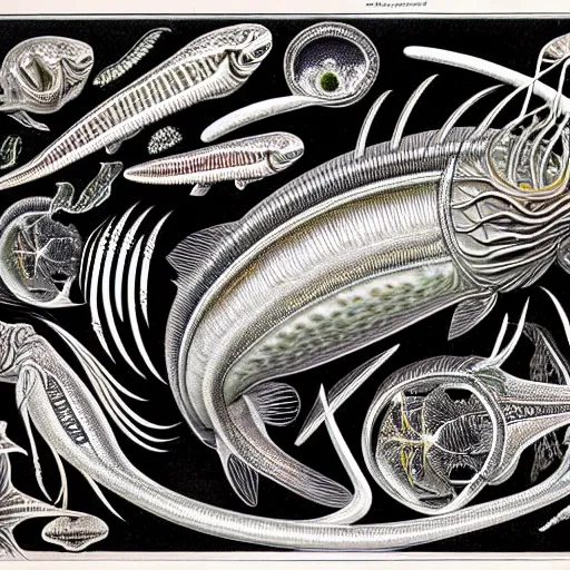 Image similar to alien fish anatomy by ernst haeckel, masterpiece, vivid, very detailed