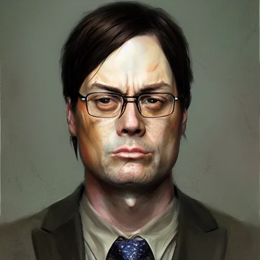 Image similar to hyper realistic, portrait of dwight shrute : : 2, ethnicity : japanese, epicanthal fold, painted by greg rutkowski, wlop, loish,