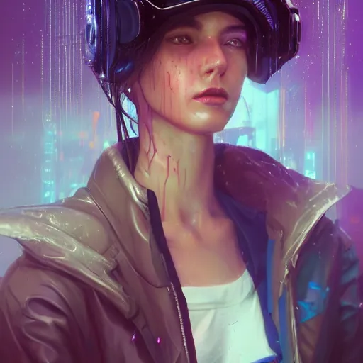 Image similar to very detailed masterpiece painting of a very beautiful wet young cyberpunk woman with a visor, dark purple hair and cybernetics, cyberpunk background, retrowave lighting, raining, closeup, portrait, artstation, concept art by greg rutkowski