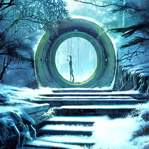 Image similar to stairs leading to a frozen derelict portal in a middle of a snowy lush futuristic forest, green lush world seen only through a portal, daylight, cinematic lighting, blue sky, syd mead, john harris