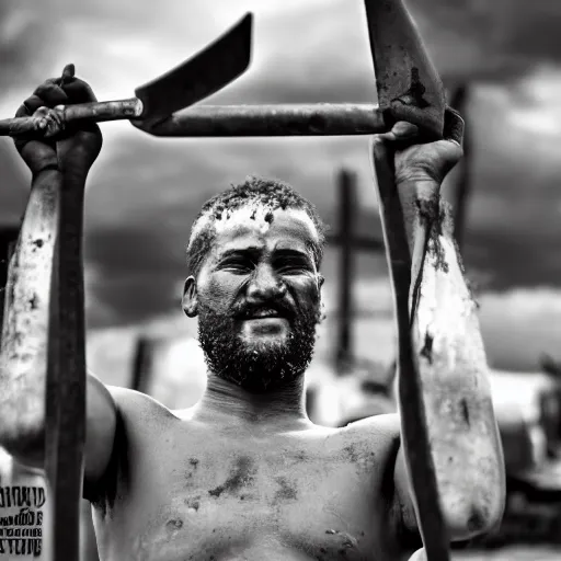 Image similar to a dirty blacksmith with the hammer raised aloft in front of an anvil, 4K, realistic photo, award winning EOS-1D, f/1.4, ISO 200, 1/160s, 8K, RAW, unedited, symmetrical balance, in-frame