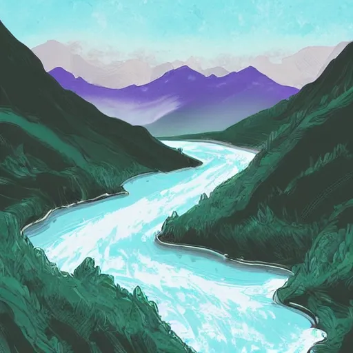 Image similar to a beautiful landscape, rivers and mountains, illustration, digital art by laura price