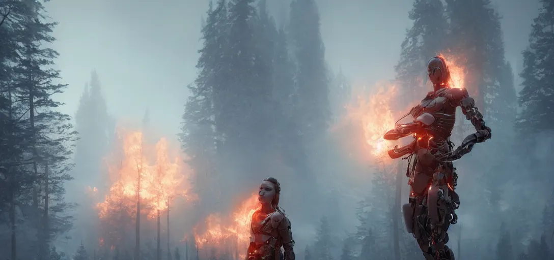 Image similar to hyperrealistic beautiful cinematic cyborg time traveler, forest fire, snowing, stunning 3 d render inspired by istvan sandorfi & greg rutkowski, perfect symmetry, dim volumetric cinematic lighting, 8 k octane comprehensive render, extremely mega hyper - detailed and lifelike attributes & atmosphere, intricate, realistic flesh texture, masterpiece, artstation, stunning,