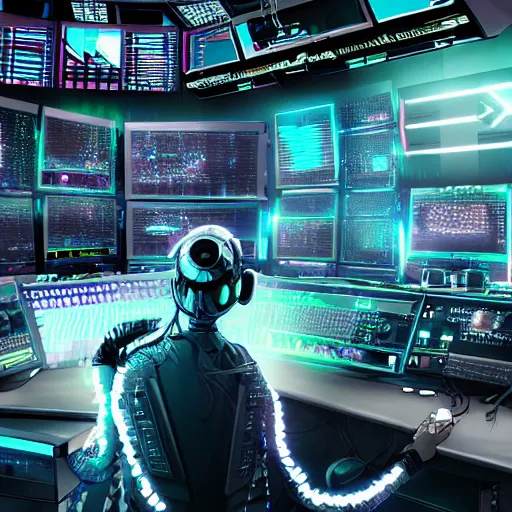 Prompt: A cyberpunk monster in a control room