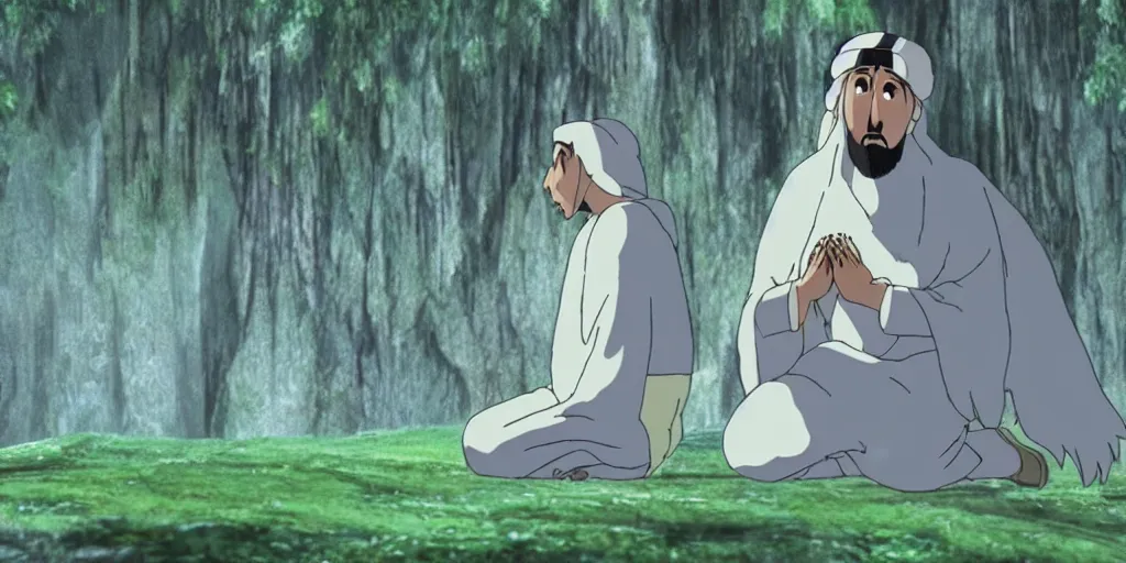 Image similar to a cell - shaded cartoon movie still from princess mononoke ( 1 9 9 7 ) of a middle eastern imam kneeling in prayer. an elegant angel flies above him. very dull muted colors, hd, 4 k, hq