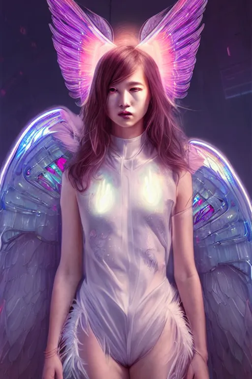 Image similar to portrait futuristic angel Girl with halos and wings and feathers and armor, in future cyberpunk tokyo rooftop , ssci-fi, fantasy, intricate, very very beautiful, elegant, human anatomy, human structure, neon light, highly detailed, digital painting, artstation, concept art, smooth, sharp focus, illustration, art by tian zi and WLOP and alphonse mucha