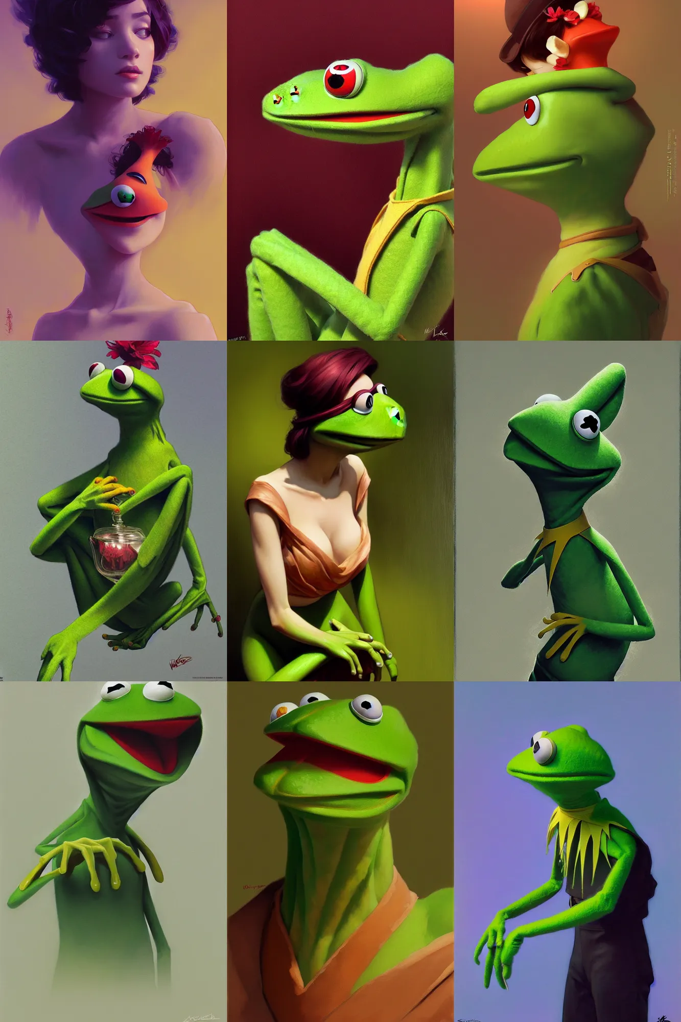 Prompt: Kermit the Frog, elegant, vibrant, smooth, by ilya kuvshinov, craig mullins, edgar maxence, alphonse mucha, artgerm, sakimichan