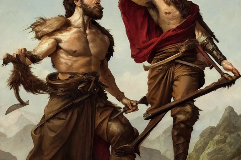 Image similar to renaissance painting full body portrait of a gruff ranger with a spear, lean and toned, handsome face, hairy chest and hairy body, D&D, intricate, elegant, highly detailed, digital painting, artstation, concept art, matte, sharp focus, chiaroscuro, well list, illustration, art by Artgerm and Greg Rutkowski and Alphonse Mucha