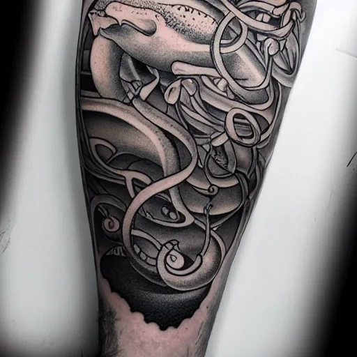 Prompt: white spermwhale fighting a kraken, awardwinning elegant modern tattoo design on white background