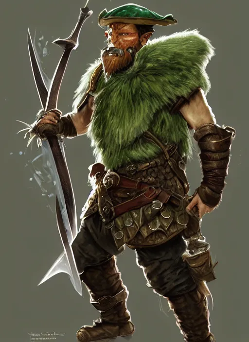 Image similar to strong young man, photorealistic bugbear ranger holding sword, fire magic, black beard, dungeons and dragons, pathfinder, roleplaying game art, hunters gear, jeweled ornate leather and steel armour, concept art, character design on white background, by norman rockwell, makoto shinkai, kim jung giu, artstation trending, poster art, colours red and green