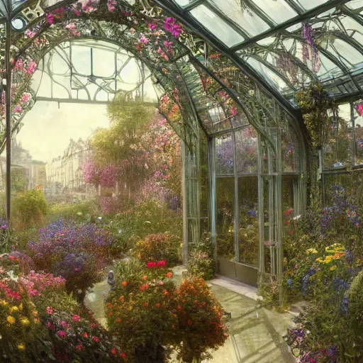 Prompt: a beautifull intricate greenhouse with many flowers, reflexions, verry high details by william turner art, greg rutkowski and alphonse mucha, and moebius, trending on artstation, very very detailed, masterpiece, - h 7 0 4