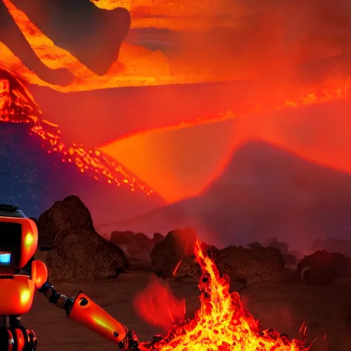 Prompt: a menacing robot is cooking pizza in front of a live volcano, flames, lava, smoke, backlit, dramatic lighting, black sky, red glowing streams of lava, digital art, trending on artstation