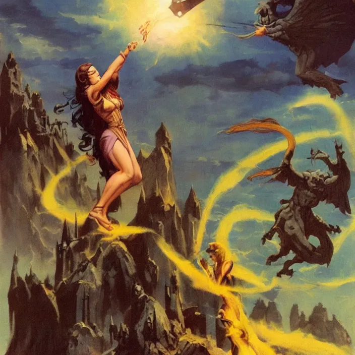 Image similar to female wizard casting morsmordre spell into the sky over hogwarts by frank frazetta