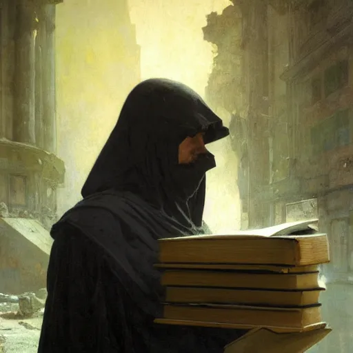 Image similar to half portait of magican wearing a closed cowl with big old book!, jeremy mann, jean leon gerome, alphonse mucha, greg rutkowski, hood covers his eyes, ( ( ruins of ancient rome ) ), at dusk, mysterious atmosphere, sunrays, dof, masterpiece, high detailed, 8 k