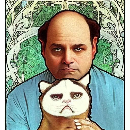 Prompt: “ portrait of george costanza from seinfeld holding grumpy cat, art nouveau, summer of george, by alphonse mucha ”