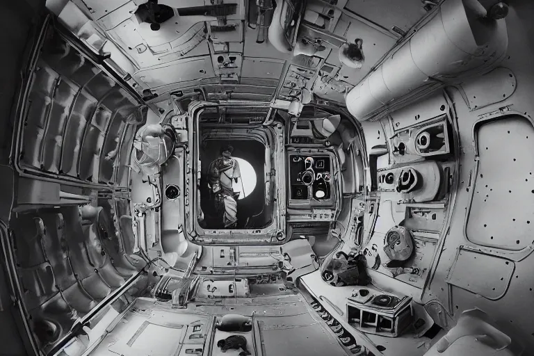 Image similar to small personnel quarters inside rocket ship with gray metallic factory engine walls and small window looking into space, details, sharp focus, intricate, high definition, movie set, retro, 1970s, 1980s, sci-fi, digital Art, 3D, realistic photograph, lucasfilm, stanely kubrick