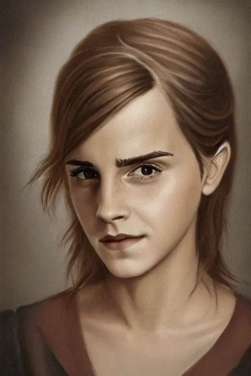 Prompt: ultra realistic emma watson face portrait in the style of grant wood