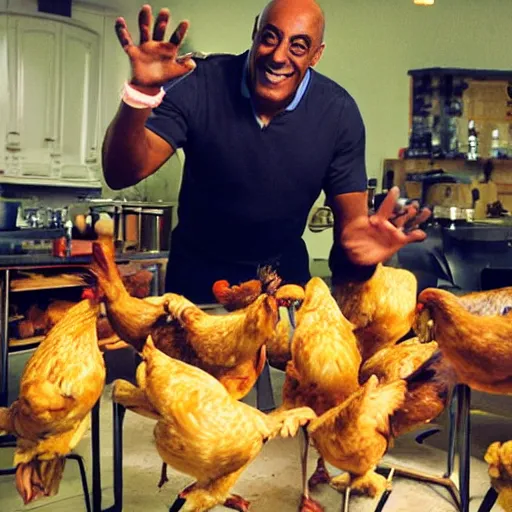 Prompt: ainsley harriot juggling chickens