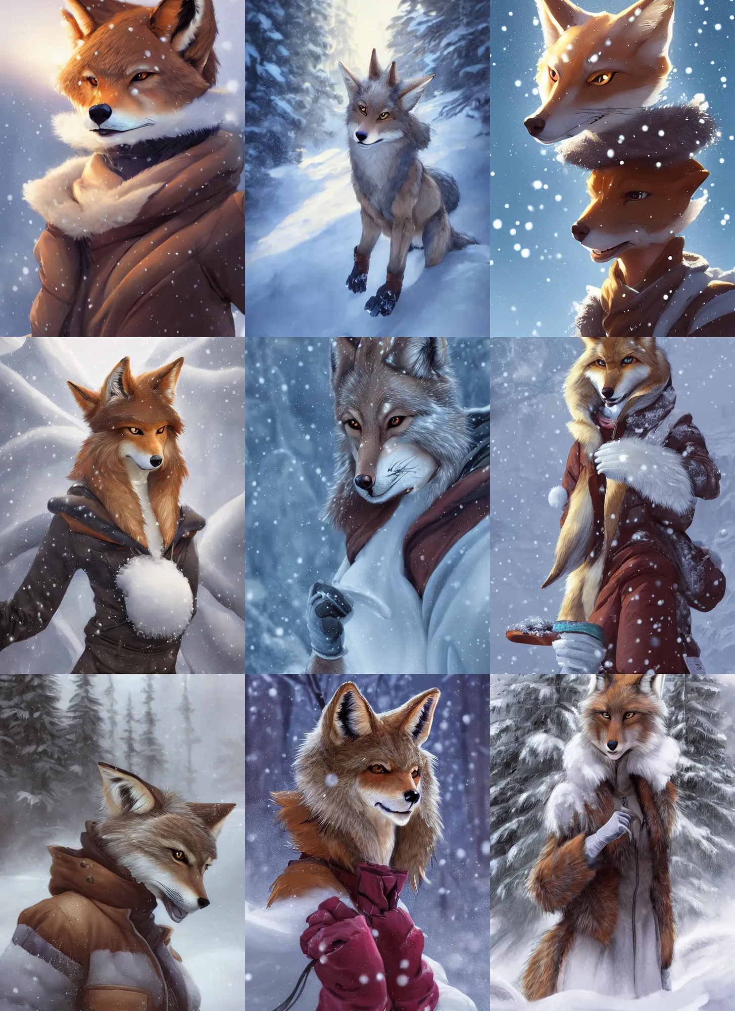 Prompt: beautiful portrait of a female anthropomorphic coyote fursona wearing snow gear in the snowy mountains. gloves. character design by charlie bowater, ross tran, artgerm, and makoto shinkai, detailed, soft lighting, rendered in octane