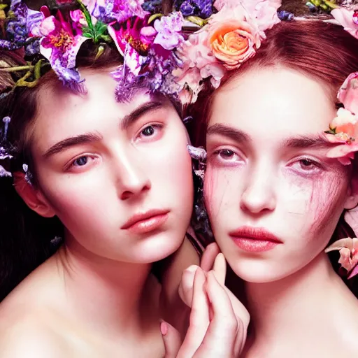 Image similar to portrait of the two most beautiful women surrounded by soft florals, vaporwave lighting, dewy skin, concept art, high detail, beautiful, dreamy