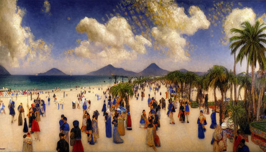 Image similar to a ultradetailed beautiful painting of the thunder sky of the rio de janeiro palace balustrade designed by jules bastien - lepage, tarsila do amaral, frank weston and gustave baumann, beach, trending on artstation, mediterranean, palm trees, sharp focus, lightning sparkles refraced lines, soft light, 8 k 4 k