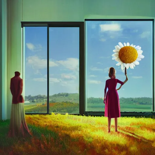 Image similar to giant daisy flower head, woman standing next to modern window in luxury loft, surreal photography, sunlight, impressionist painting, digital painting, artstation, simon stalenhag