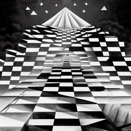Image similar to A black and white freemasonic chequered surrealist digital painting of a stairway to into the clouds in the art style of jeff koons, Gilbert williams, Edwin Frederic Church and Christopher Balaskas, trending on artstation, 4k UHD