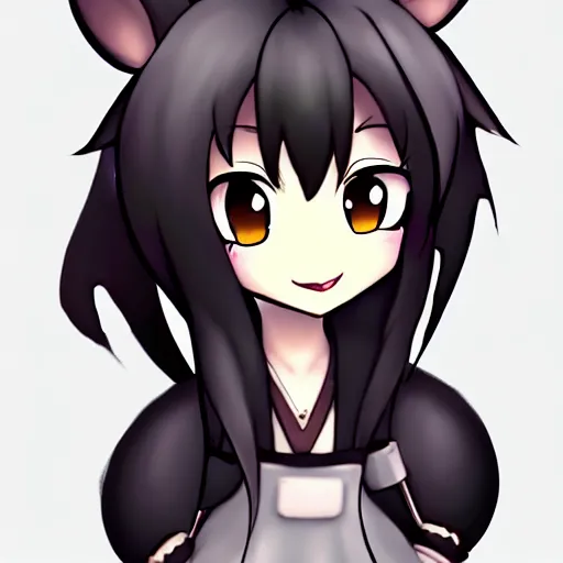 Image similar to headshot of young maple story female mouse, maple story, cute, fantasy, intricate, long hair, dark grey skin, mouse face, maplestory mouse, dark skin, mouse head, mouse ears, black hair, elegant, cartoony, maplestory Deviantart, maplestory character, character art of maple story, smooth, sharp focus, illustration, art by maplestory