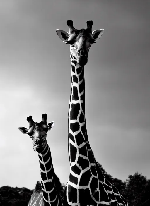 Image similar to two giraffe black and white portrait white sky in background