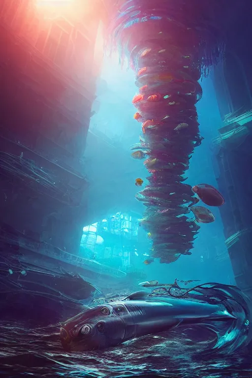 Image similar to hyperrealistic cinematic underwater dystopian futurist city ruins with giant bioluminescent multicolored mutant fish and cyborg jellyfish, digital art masterpiece, aykut aydogdu eric zener, very dramatic volumetric light, long shot, ground angle uhd 8 k, deep focus