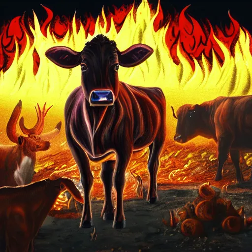 Image similar to a realistic photo of a cow in hell, surrounded by fire and demons