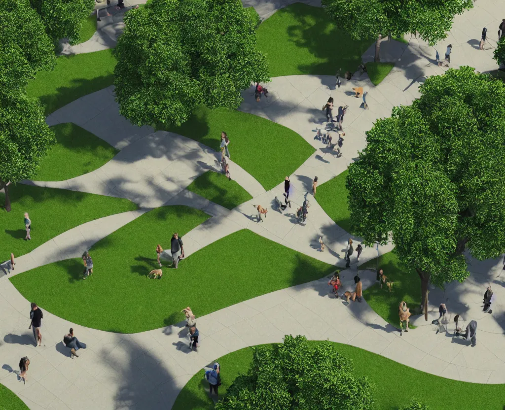 Prompt: city park, people and dogs, isometric view, octane 3d, light filtering through the trees, ray tracing, volumetric lighting