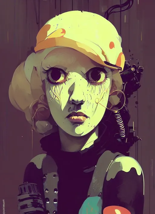 Image similar to highly detailed portrait of a moody sewerpunk young adult muppet lady by atey ghailan, by greg rutkowski, by greg, tocchini, by james gilleard, by joe fenton, by kaethe butcher, gradient yellow, black, brown and cyan color scheme, grunge aesthetic!!! ( ( graffiti tag city background ) )