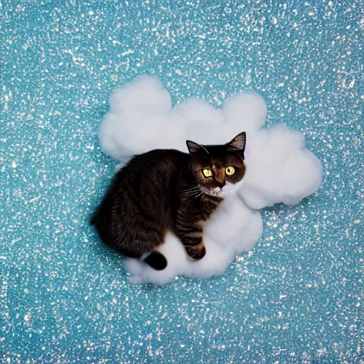 Prompt: a photo of a cat in a cloud of glitter, mica, calcium sodium borosilicate, f 1. 4