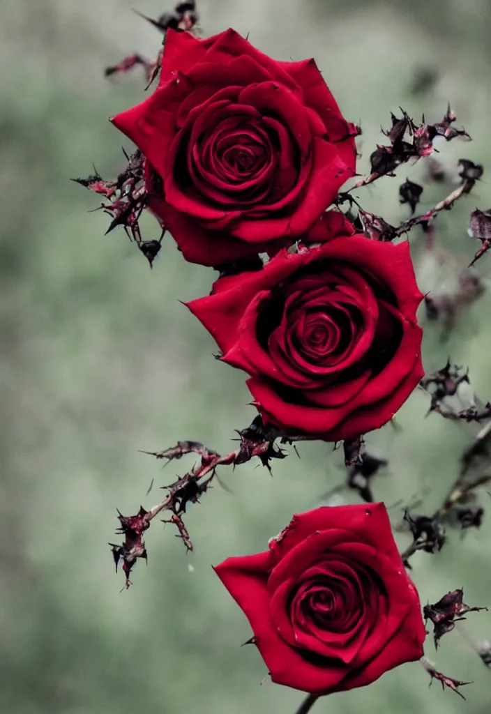 Prompt: a beautiful black rose with blood - stained thorns