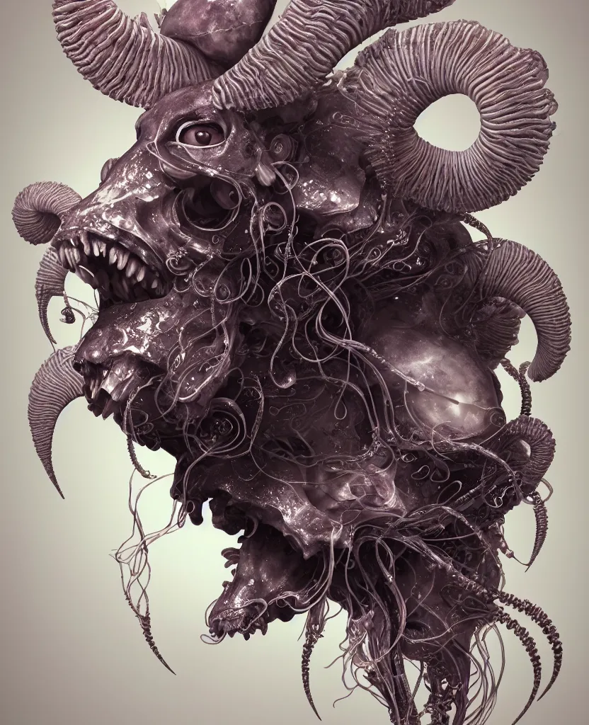 Image similar to goddess close-up portrait ram skull. eyes. jellyfish phoenix head, nautilus, orchid, skull, betta fish, bioluminiscent creatures, intricate artwork by Tooth Wu and wlop and beeple. octane render, trending on artstation, greg rutkowski very coherent symmetrical artwork. cinematic, hyper realism, high detail, octane render, 8k