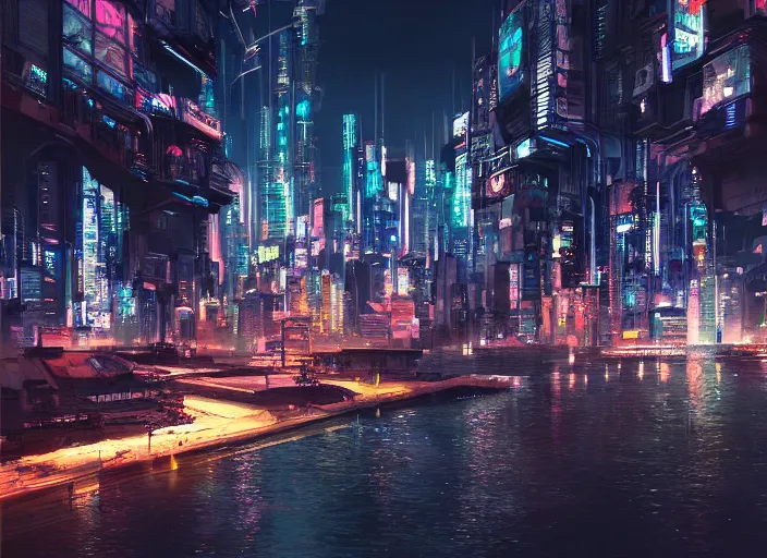 Image similar to cyberpunk city on a floating island at night by wlop, key visual, high detail, digital art