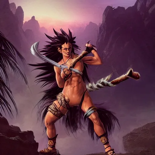 Image similar to barbarian warrior woman with chimera monkey tail, monkey tail, furry tail, barbarian pelt, cavewoman, black hair, electrified hair, wild spiky black saiyan hair, surrounded by electrical aura, prowling around primeval jungle, palm trees, rocks, mountains, red sky, hyperdetailed, ultra high definition, realism, 4 k, frank frazetta