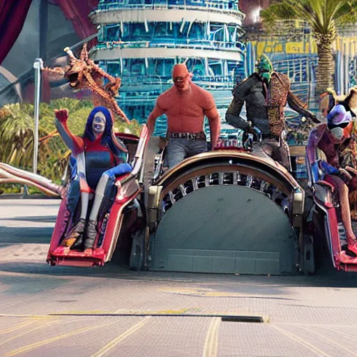 Image similar to the guardians of the galaxy riding a roller coaster