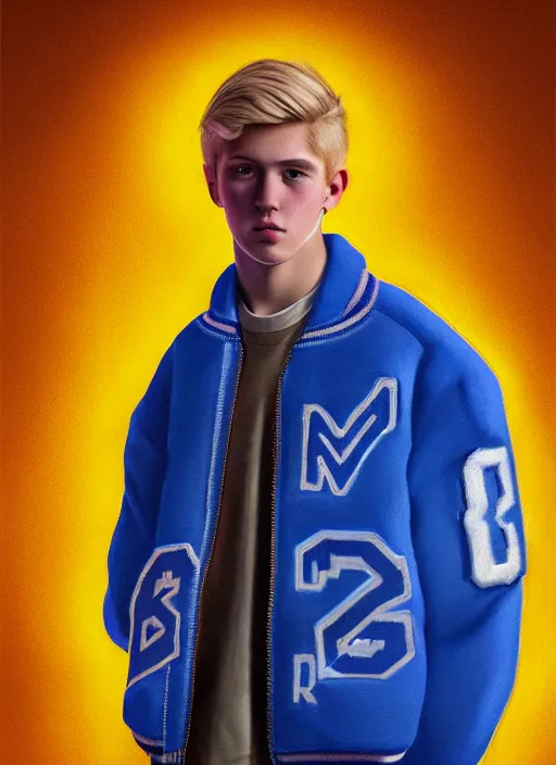 Image similar to portrait of high school senior boy named big moose, blonde short hair, jock, beefy, wide face, square jaw, square facial structure, blue varsity jacket with letter r, intricate, elegant, glowing lights, highly detailed, digital painting, artstation, concept art, sharp focus, illustration, art by wlop, mars ravelo and greg rutkowski