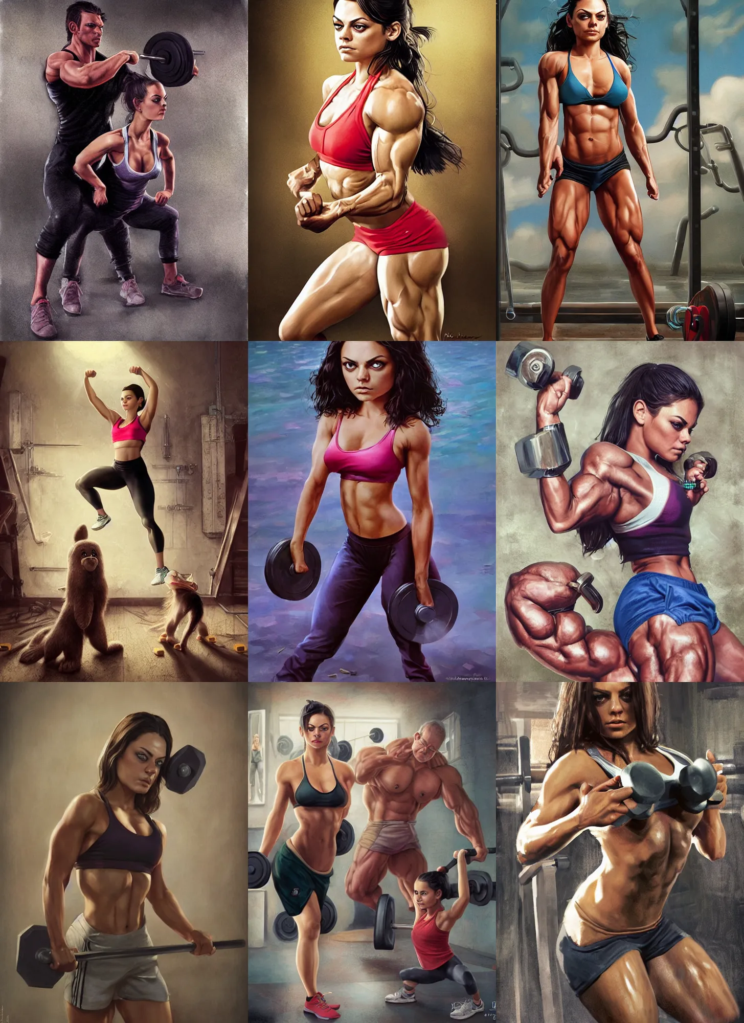 Image similar to bodybuilder mila kunis working out, wlop, steve argyle, ilya kuvshinov, ralph horsley, rossdraw, mark ryden, daniel f. gerhartz, sophie anderson, lilia alvarado, tom chambers