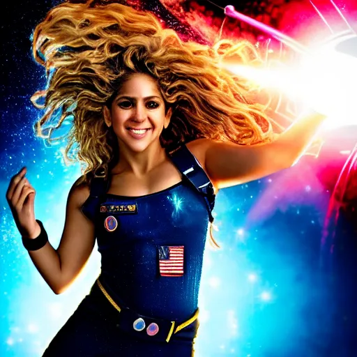 Prompt: of a closeup photo of shakira as a hero sci fi space cosmonaut in a nice action pose, there is an explosion on the background, lighting her with a rim light, she is laughing, f 2. 8, advertising studio lighting,