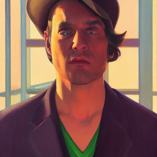 Prompt: a realistic portrait of a man staring at the camera with dramatic lighting, by moebius, edward hopper, colorful flat design illustration, hd, 8 k, artstation