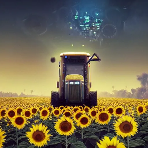 Image similar to cute tractor on sunflower field cyberpunk art by mike winkelmann, trending on cgsociety, retrofuturism, reimagined by industrial light and magic, darksynth, sci - fi