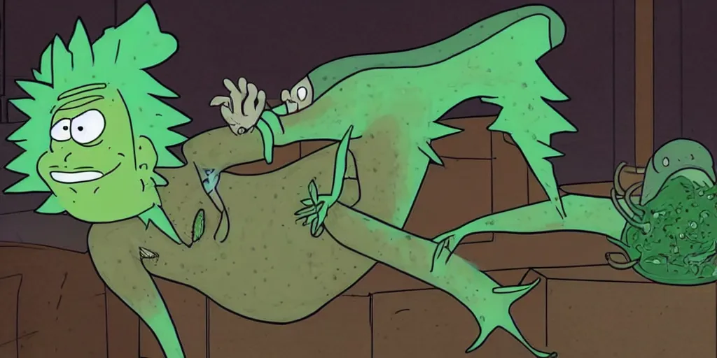 Prompt: Rick Sanchez after transforming into a Pickle Rick, terrified as his new body slowly breaks down into green goo, adult swim cartoon, 2d art